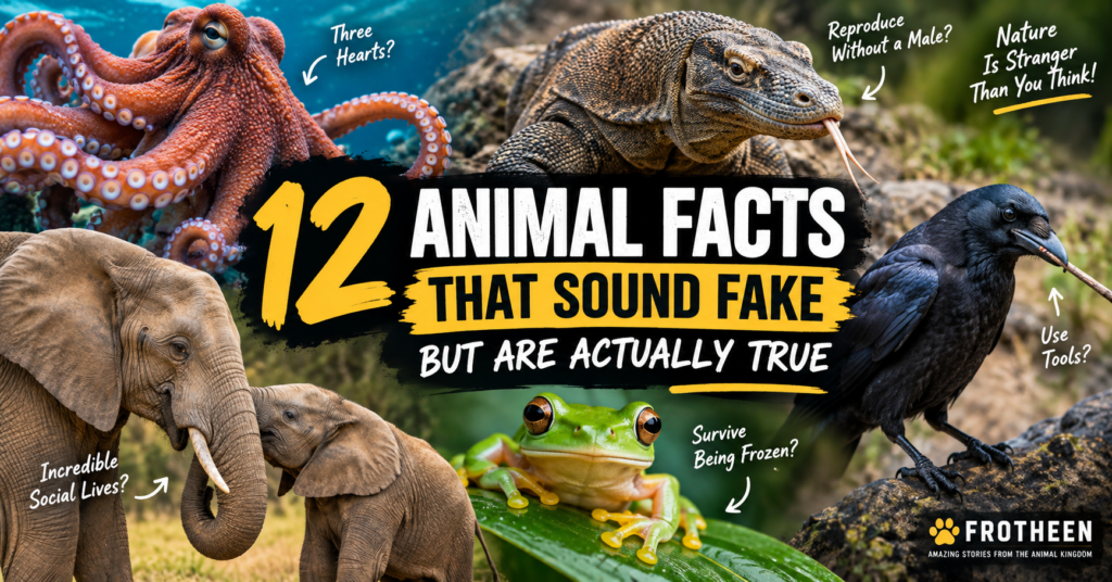 12 amazing animal facts that sound fake but are actually true, featuring an octopus, Komodo dragon, elephants, crow and frog