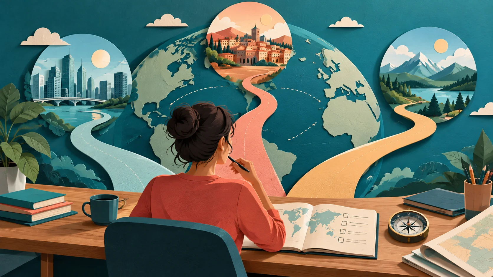 Illustration of a person comparing routes across a globe at a desk