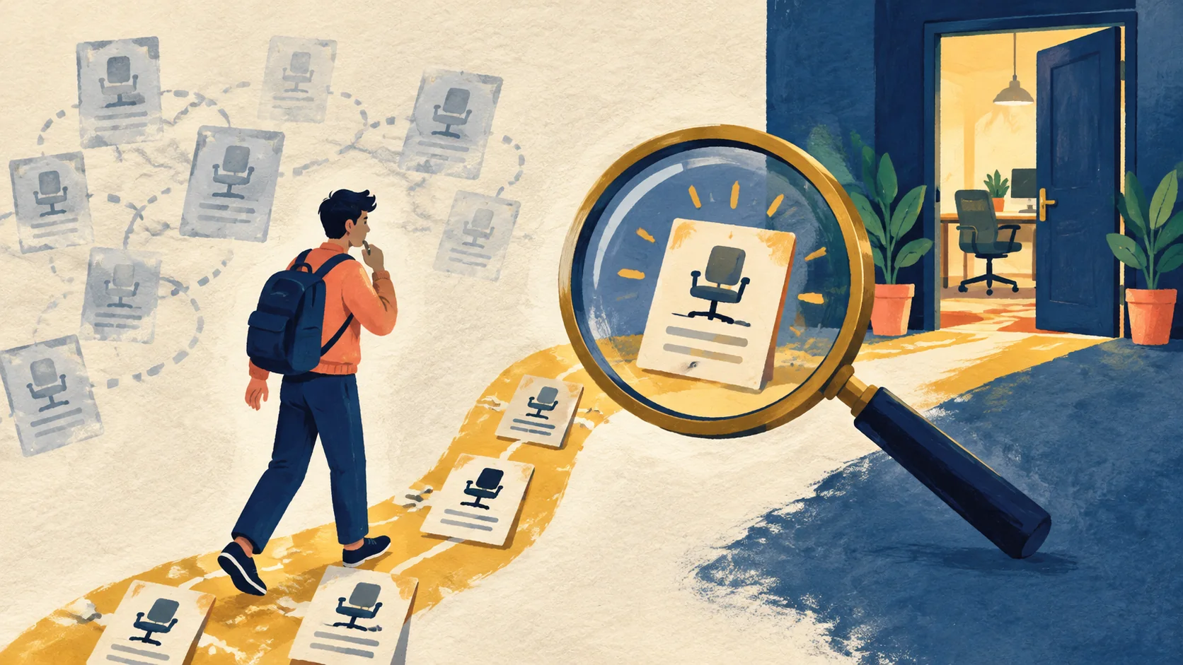 Illustration of vacancy cards leading through a magnifier to an office door