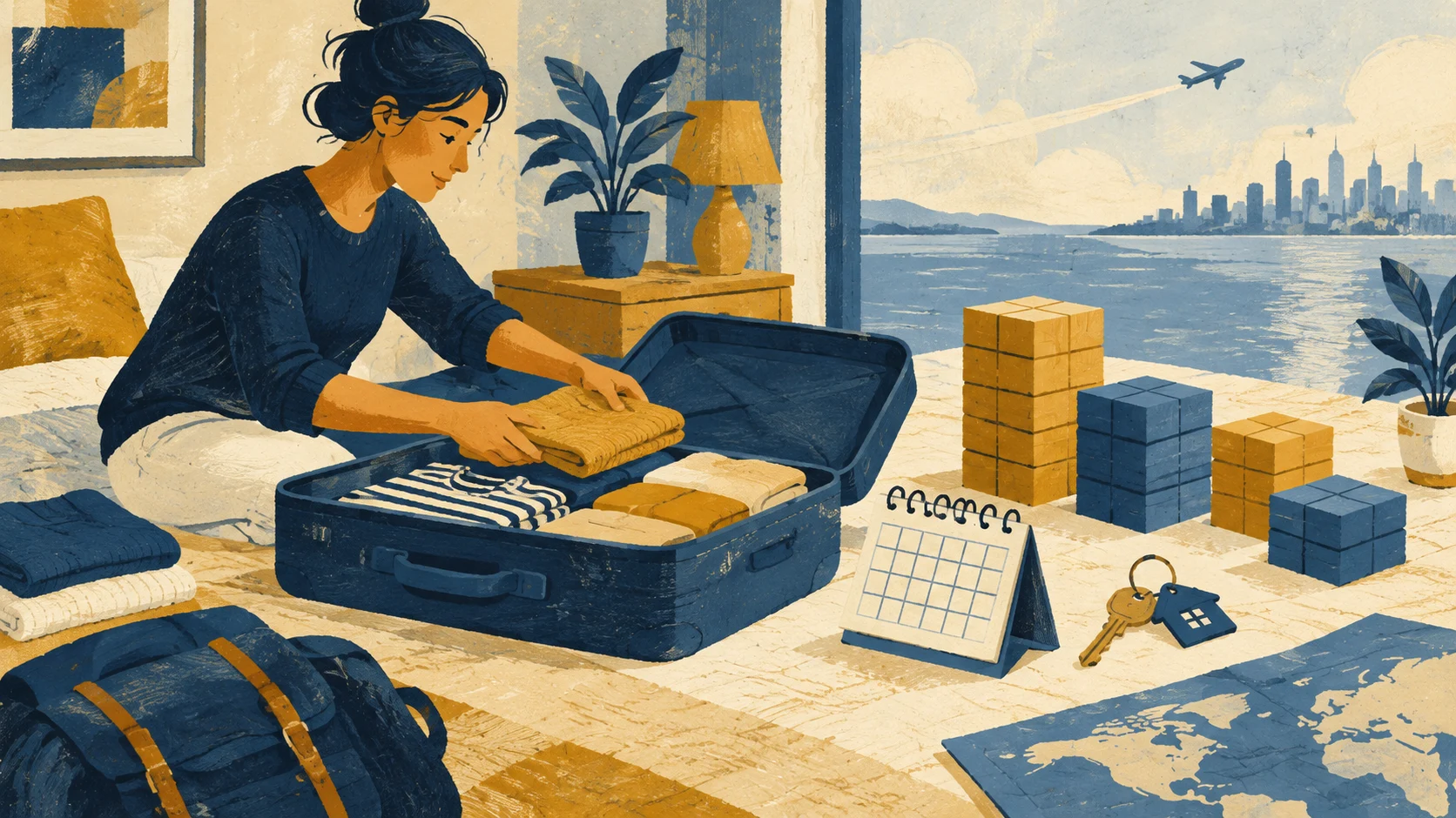 Suitcase beside budget blocks and a calendar