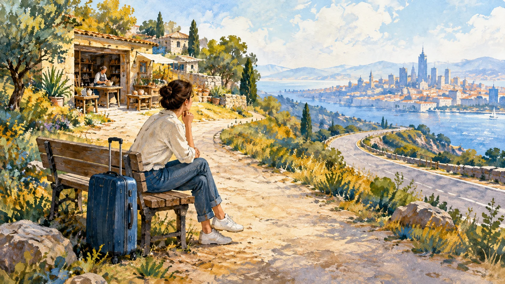 Traveler considering a local workshop path beside a resting suitcase