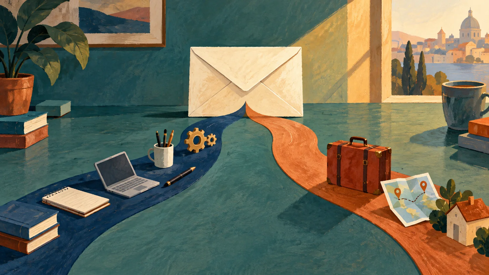 Illustration of two routes meeting at an envelope on a desk