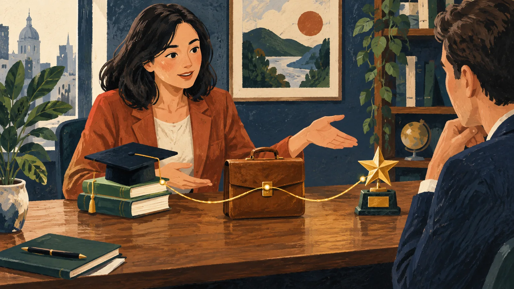 Illustration of a thread connecting a few career milestones