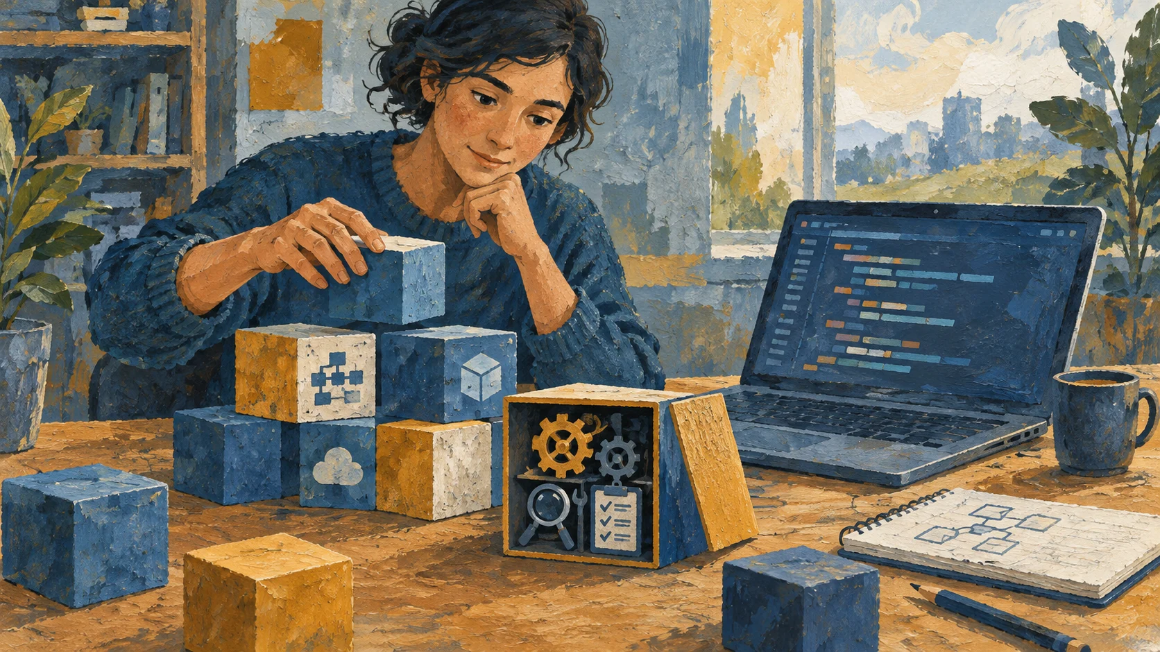 Developer arranging project modules beside a laptop and testing tools