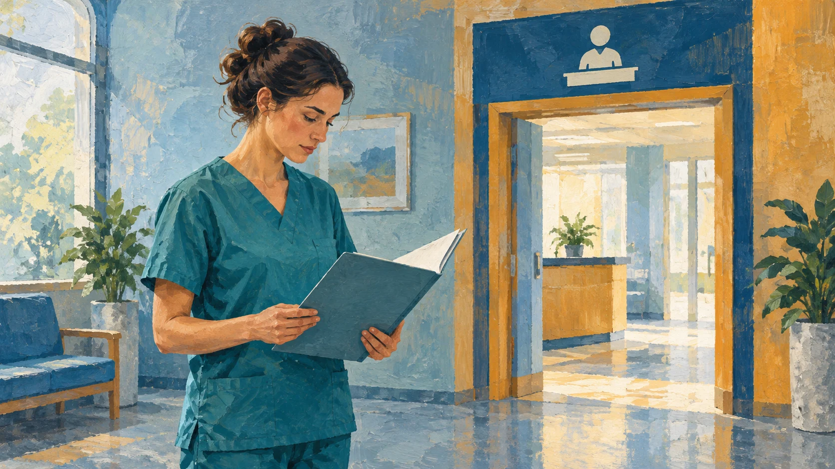 Nurse checking a professional folder before a registration doorway