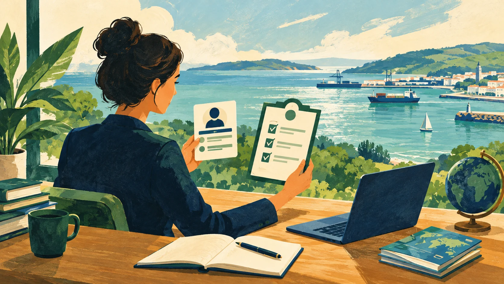 Professional comparing a role card and permit checklist beside a coastal office