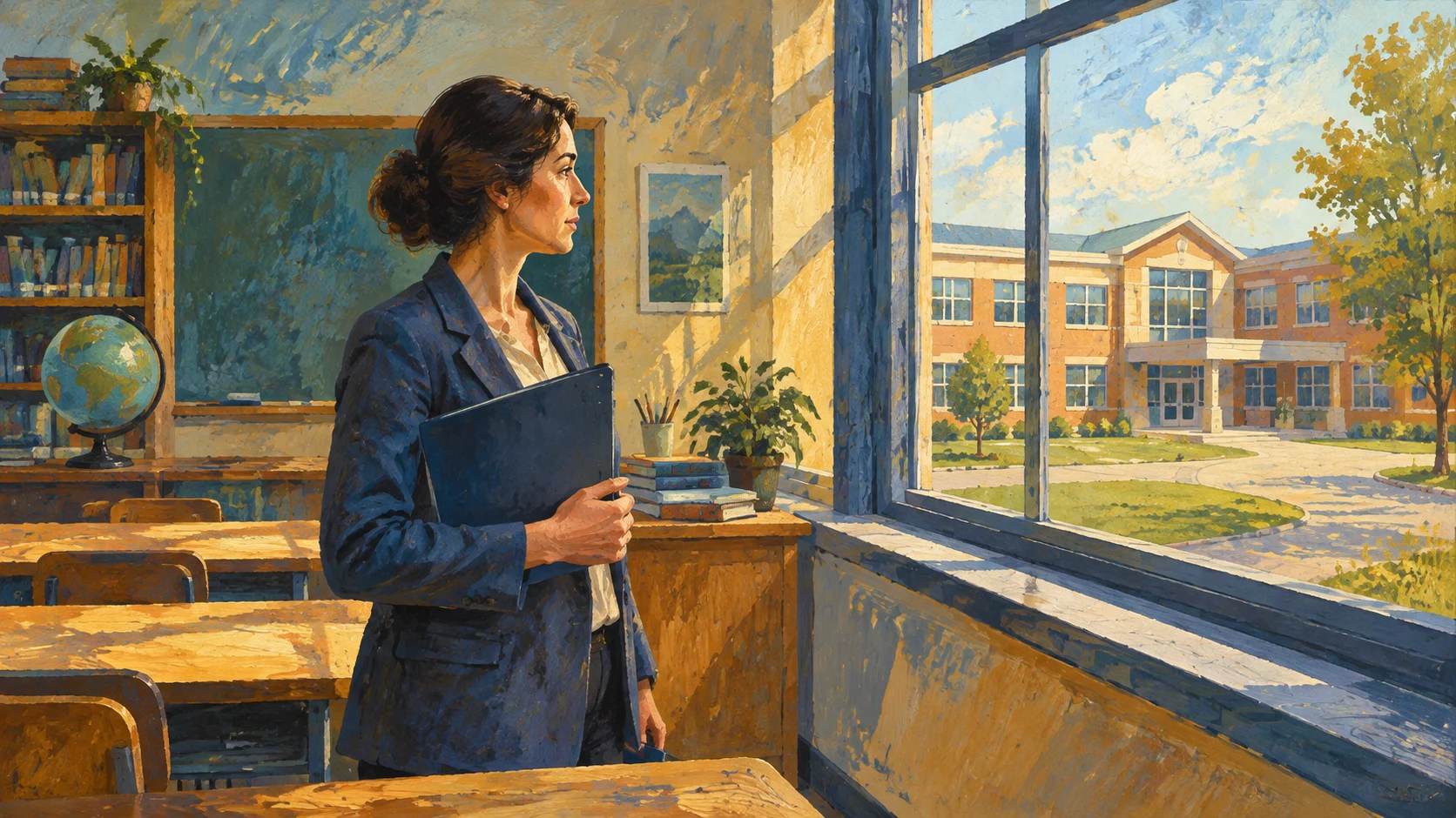 Teacher checking a school through a window while holding a credential folder