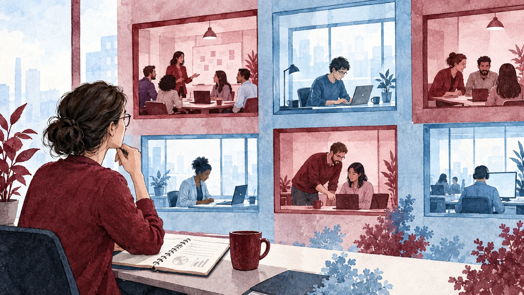 Researcher comparing several windows into workplace routines