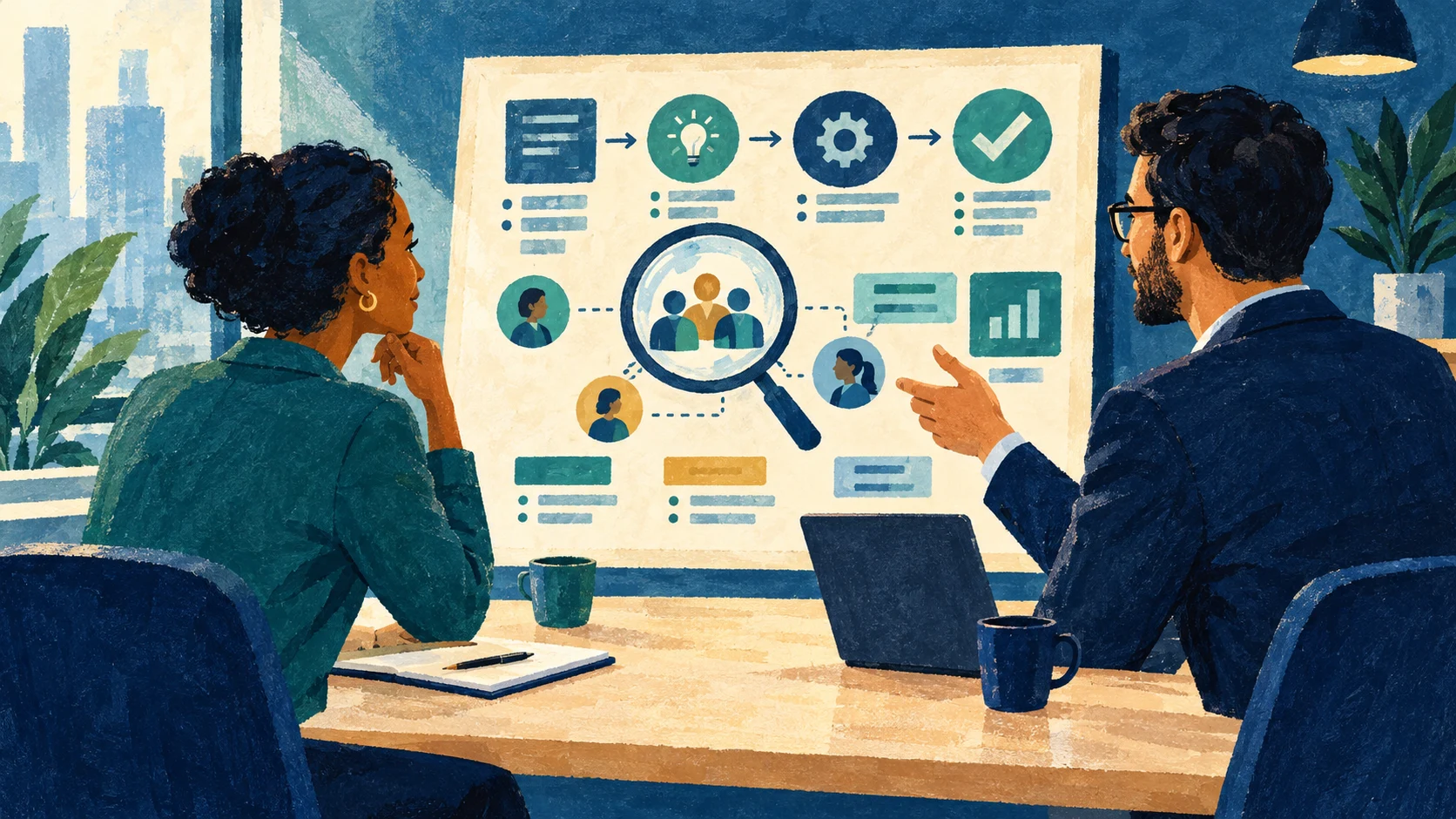 Candidate and manager examining a board of everyday work tasks