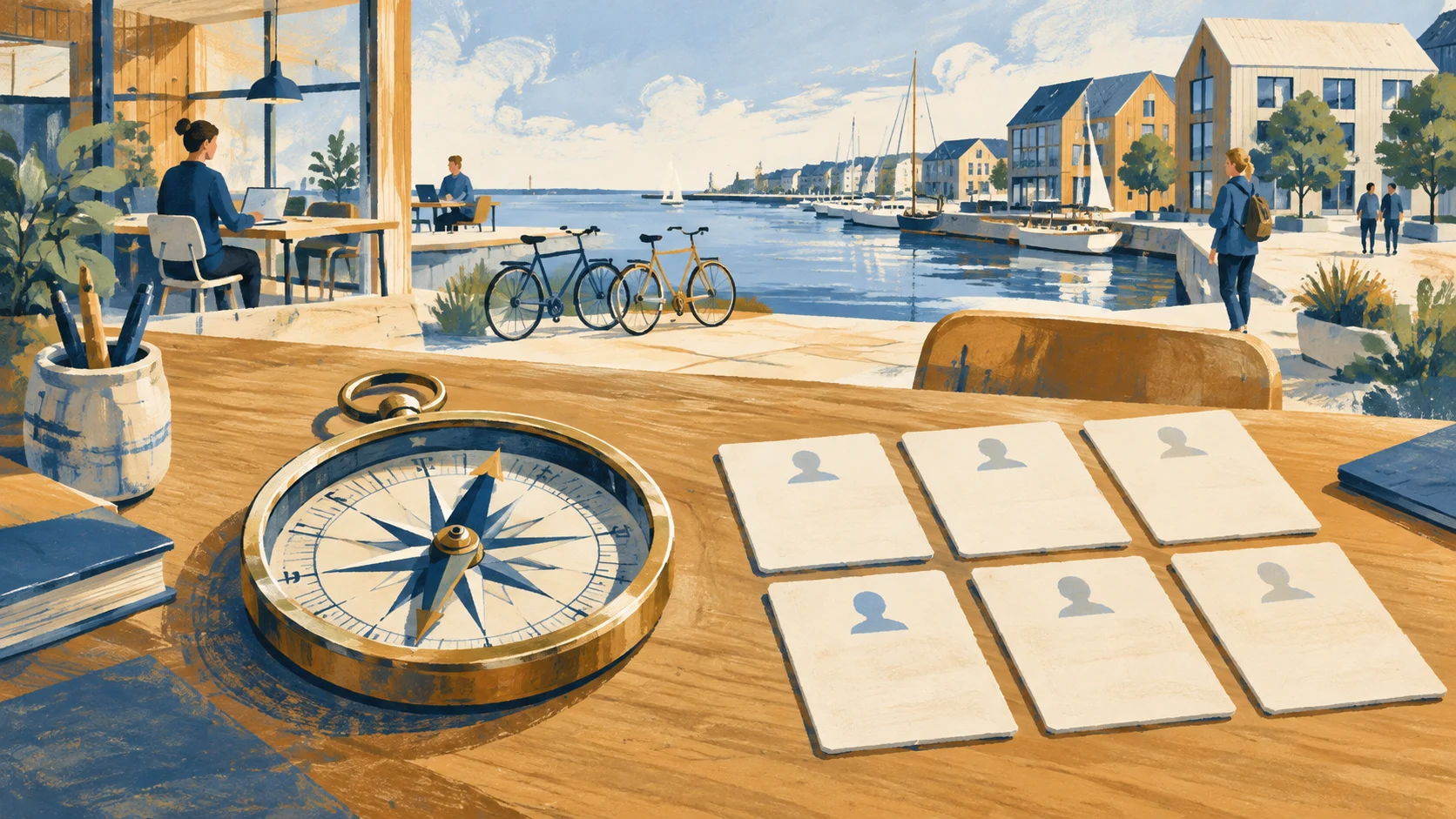 Compass and role cards pointing toward a coastal workplace