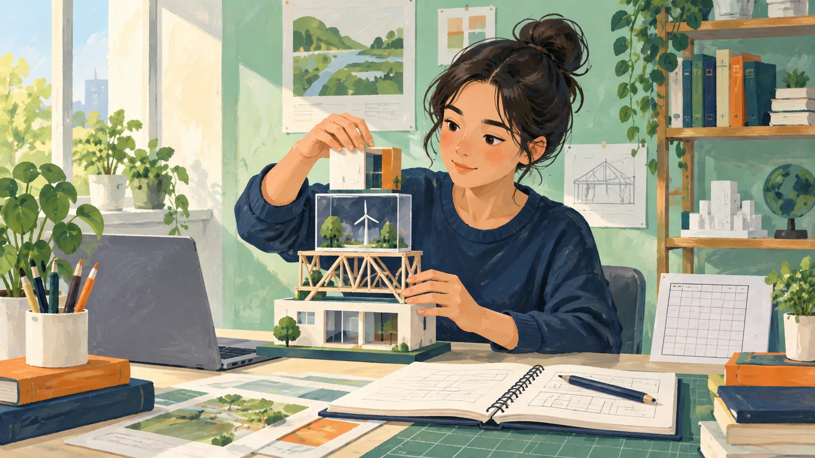 Illustration of a graduate assembling small project models