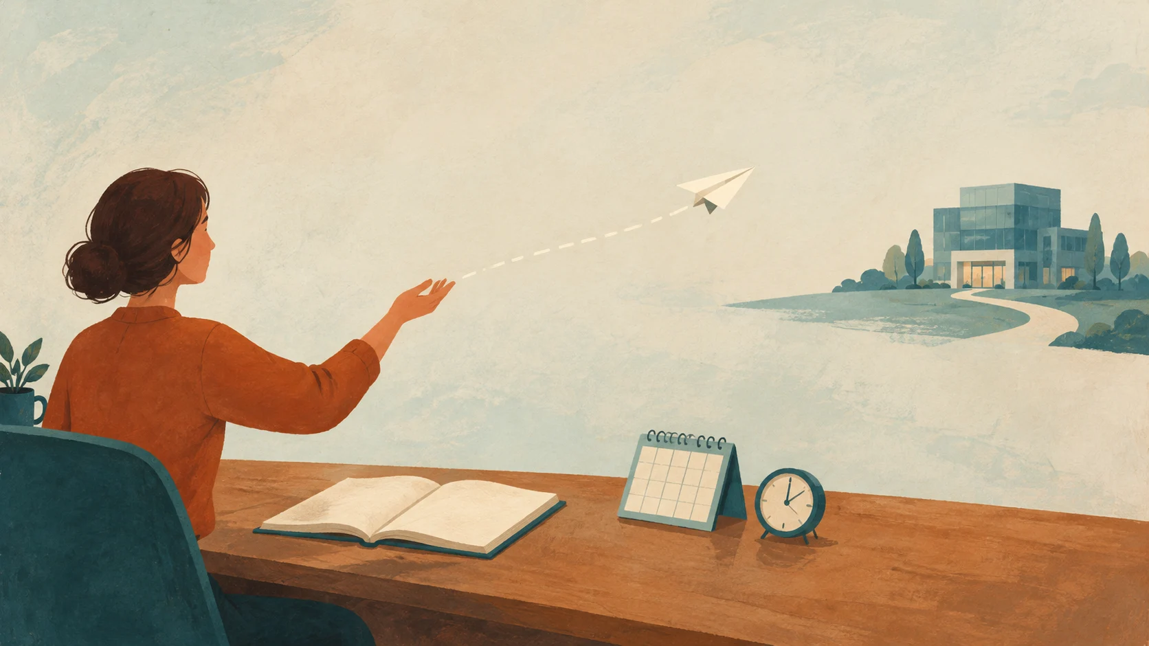 A single paper plane travelling from a notebook toward an office