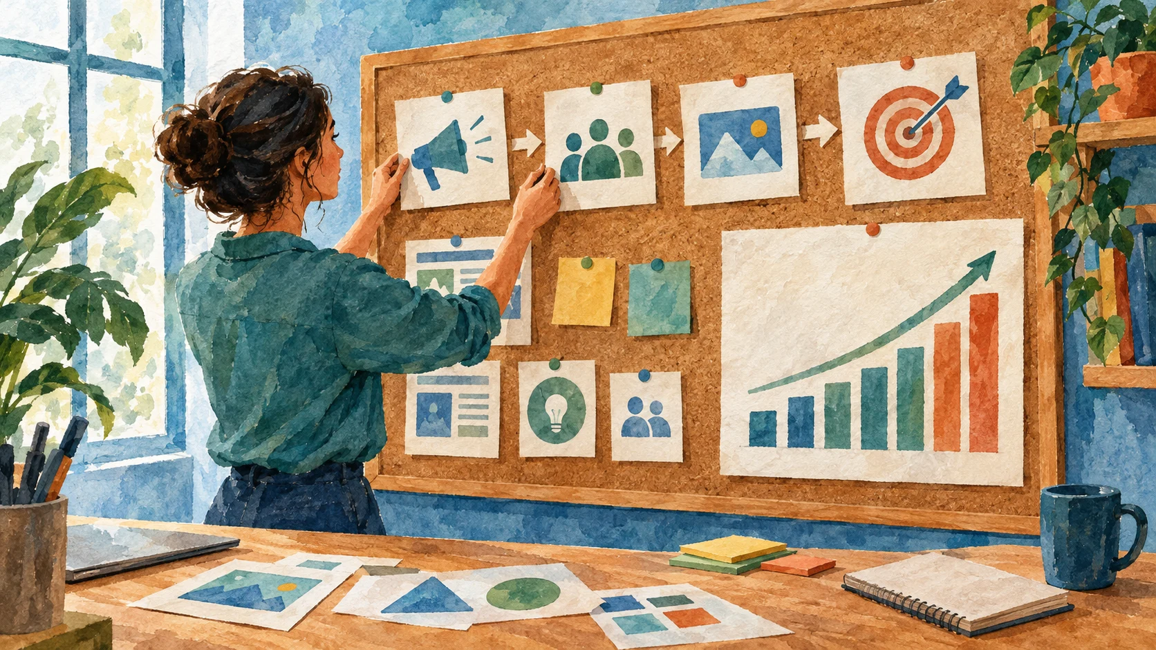 Marketer arranging campaign storyboards and a results chart