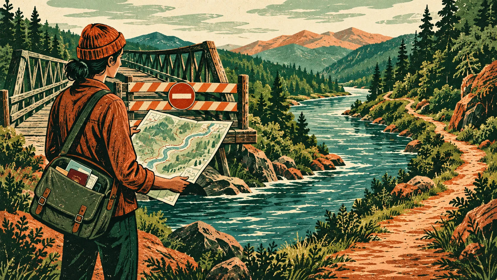Traveler finding an alternate route around a closed bridge