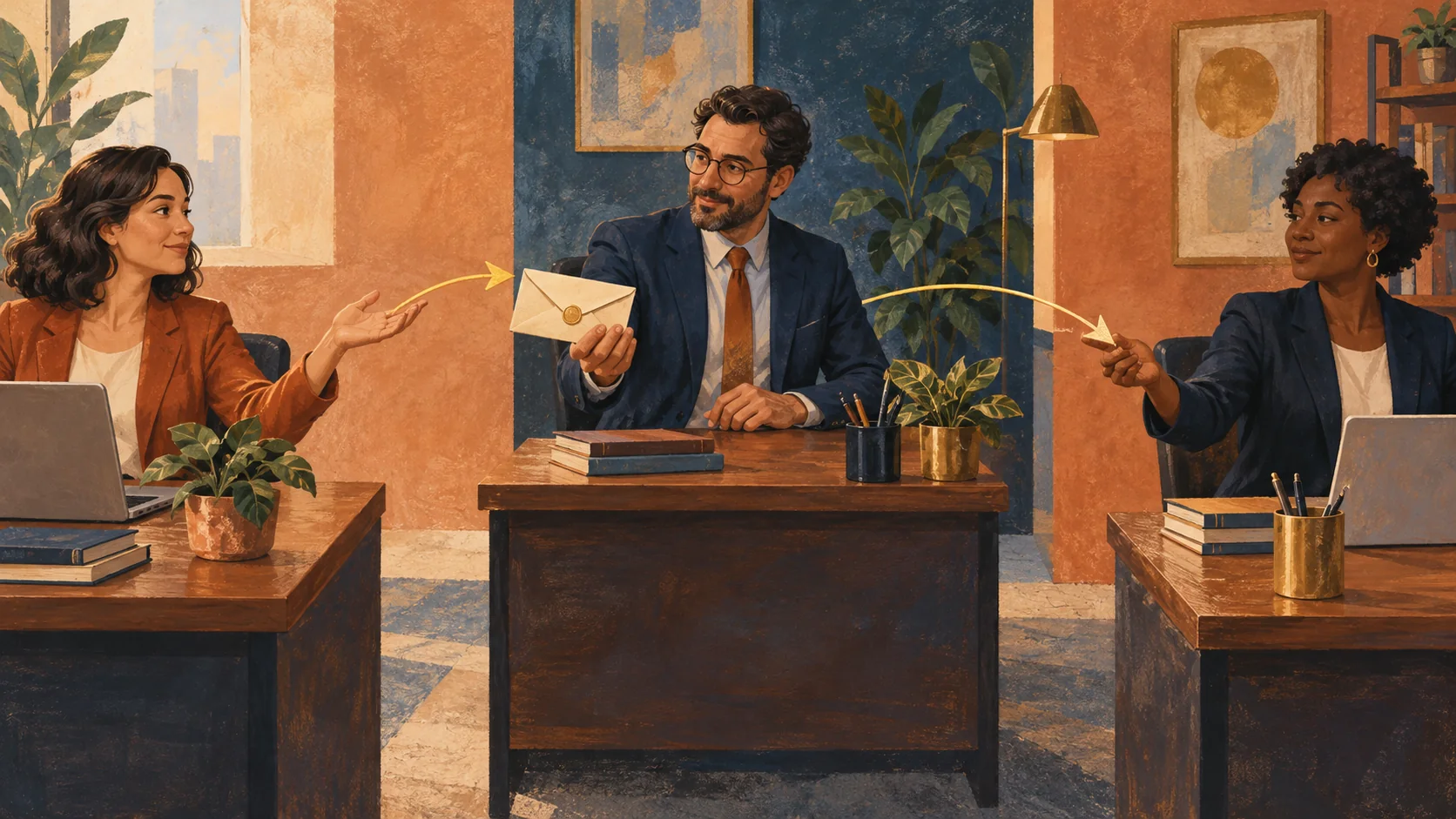 Illustration of professionals passing a sealed reference envelope