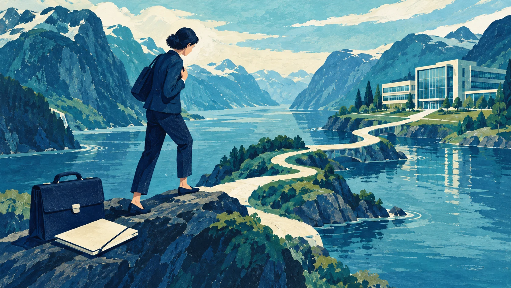 Applicant checking a route from a briefcase toward a workplace across a fjord