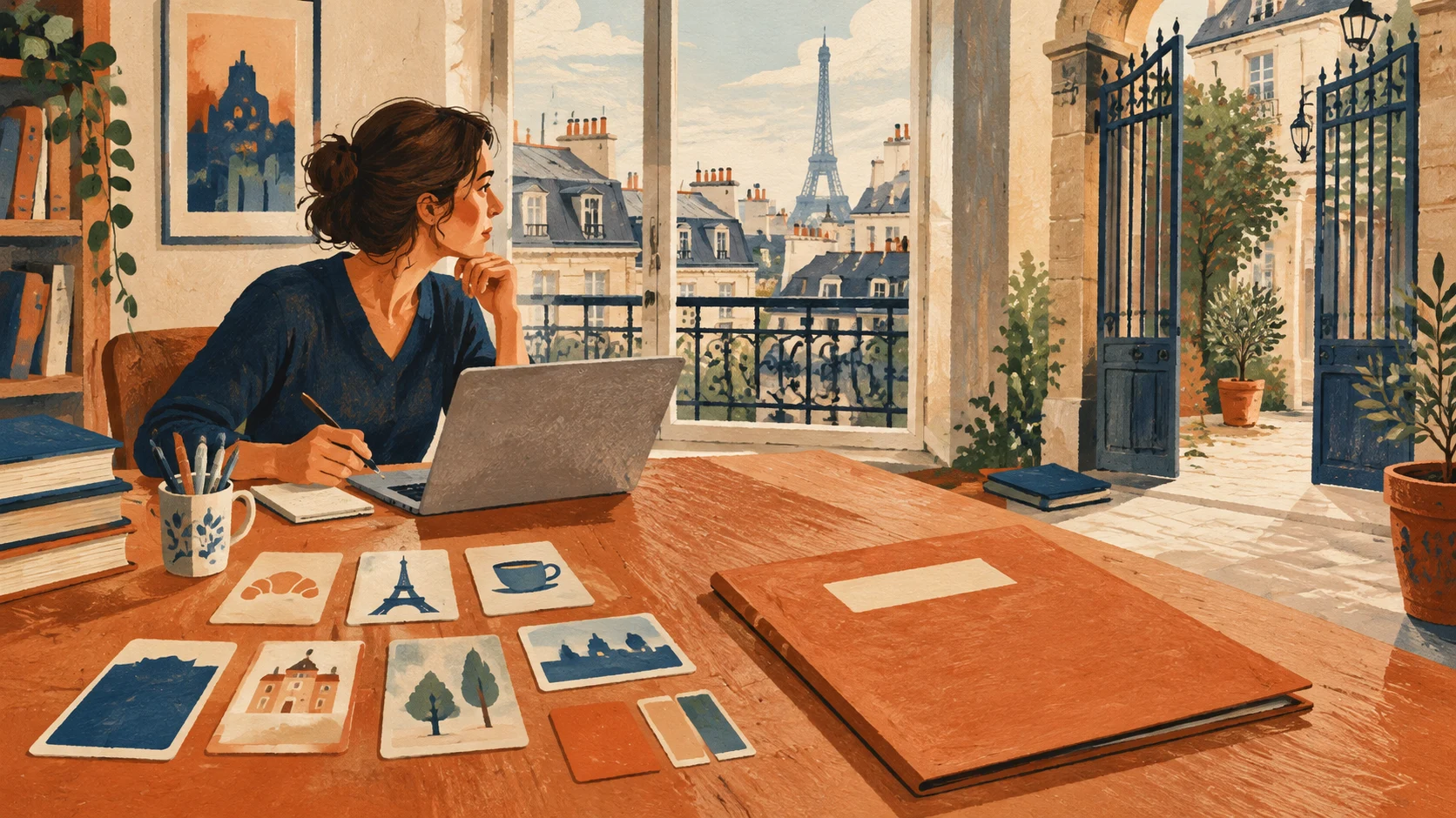 Work folder and language cards beside a French-inspired city window