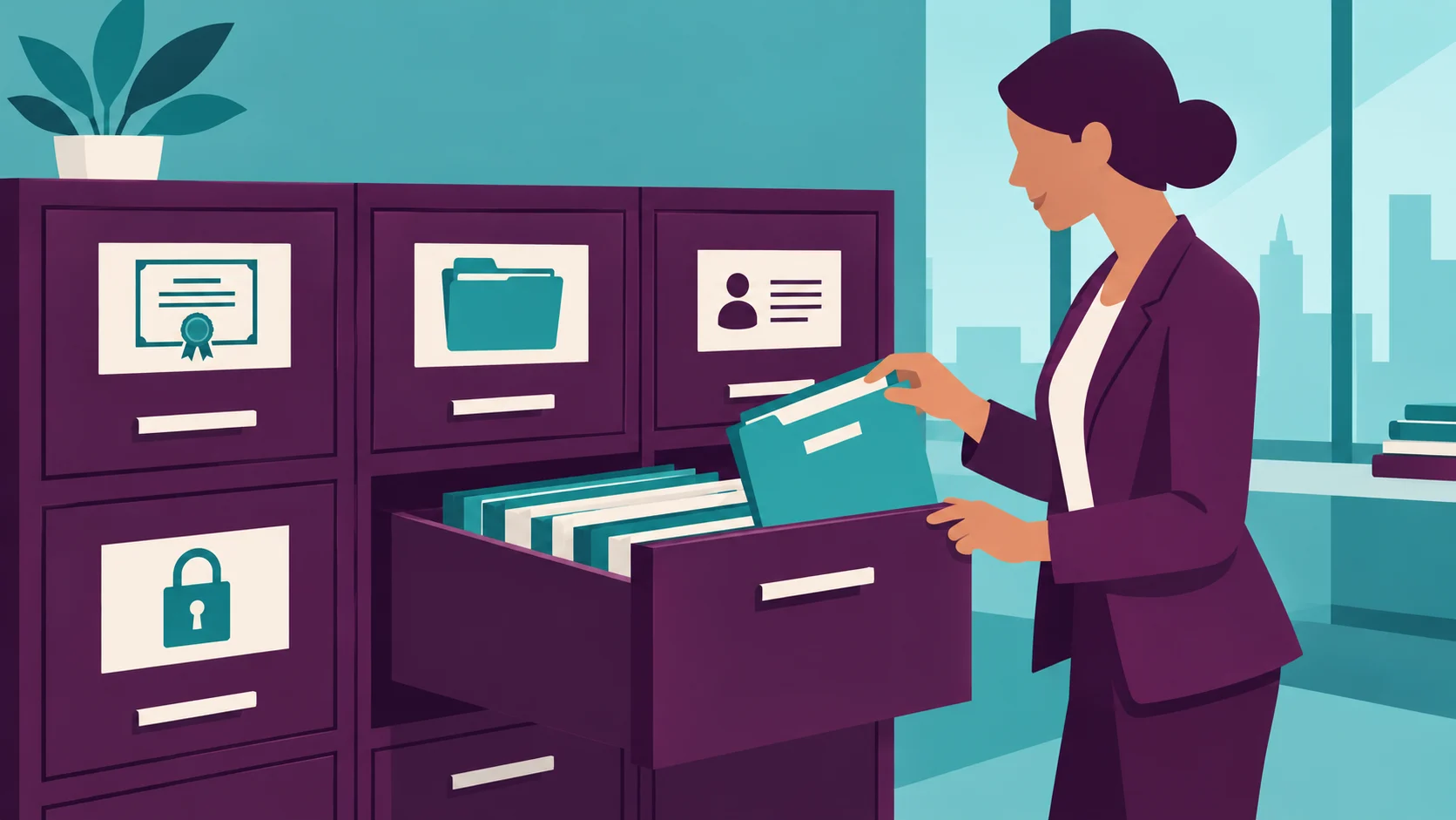Organized career archive with qualification files and a small lock