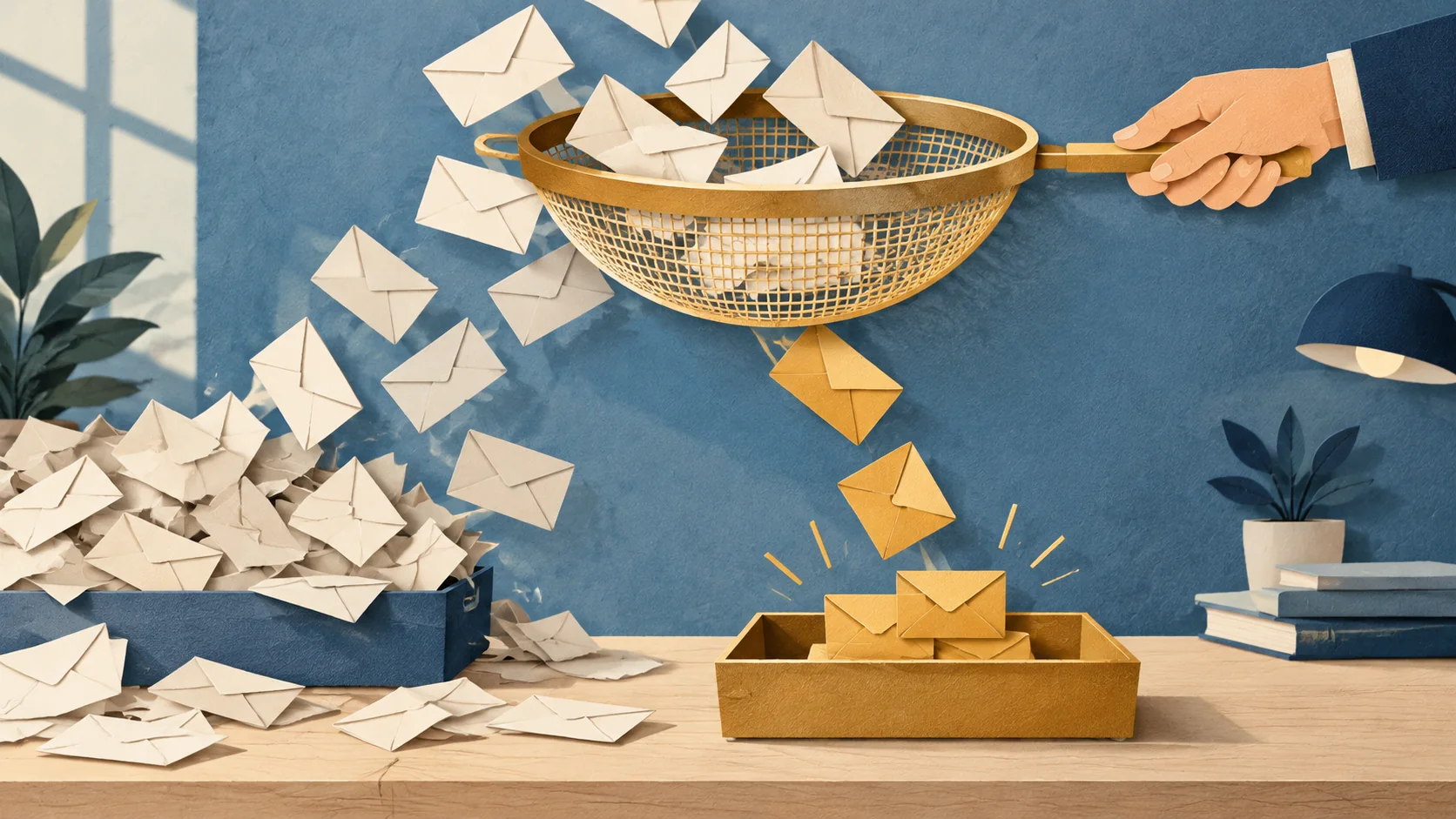 Illustration of a sieve sorting useful job-alert cards into a tray