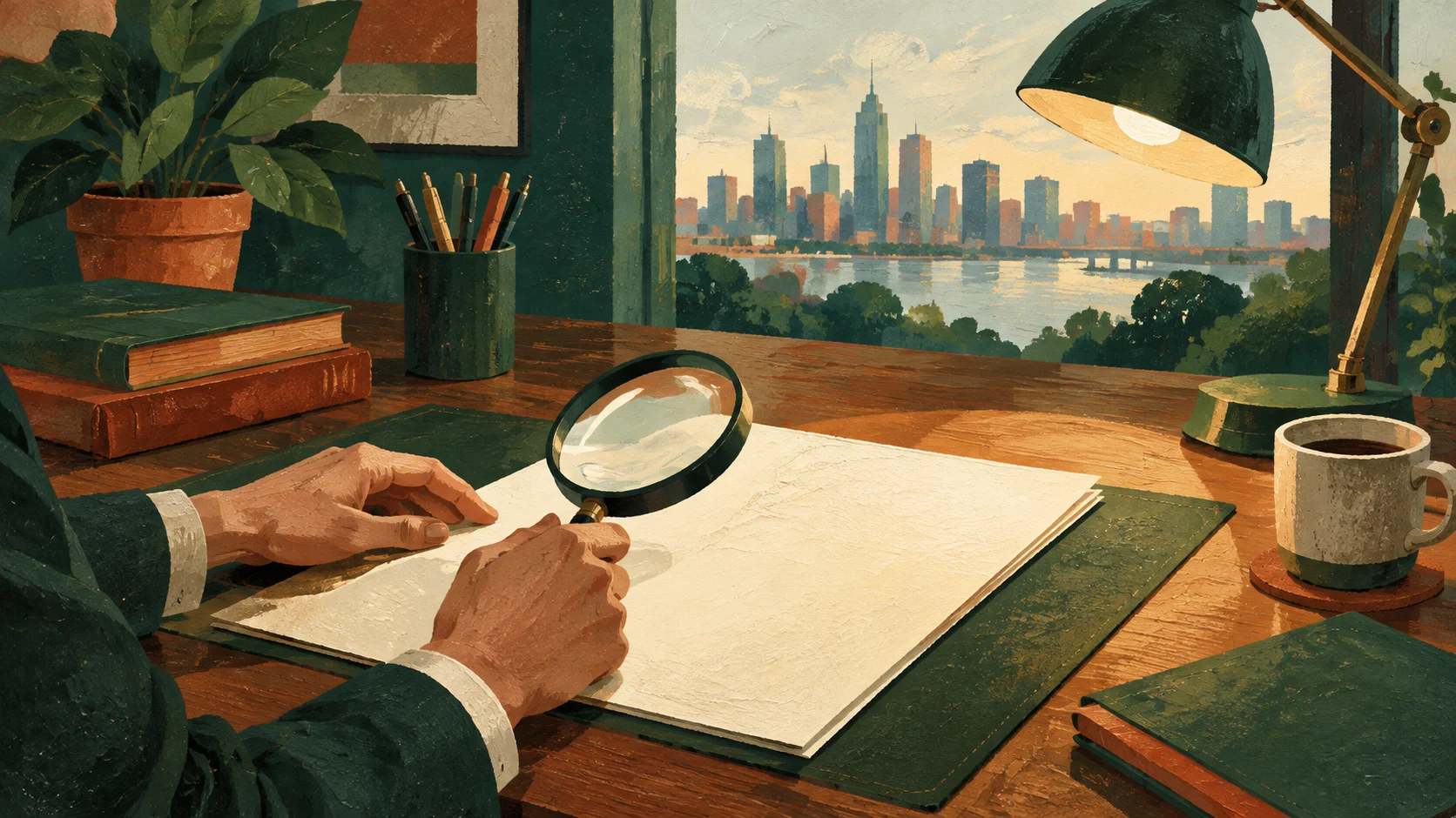 Employment contract being examined under a desk lamp