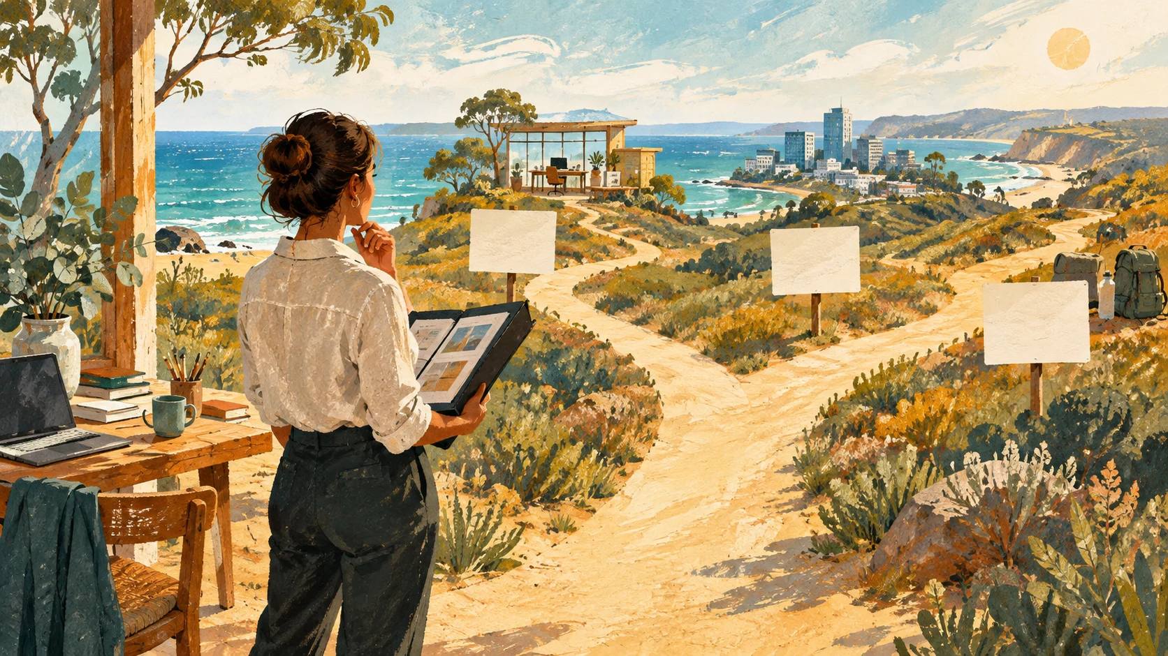 Professional comparing branching routes toward a sunlit coastal office