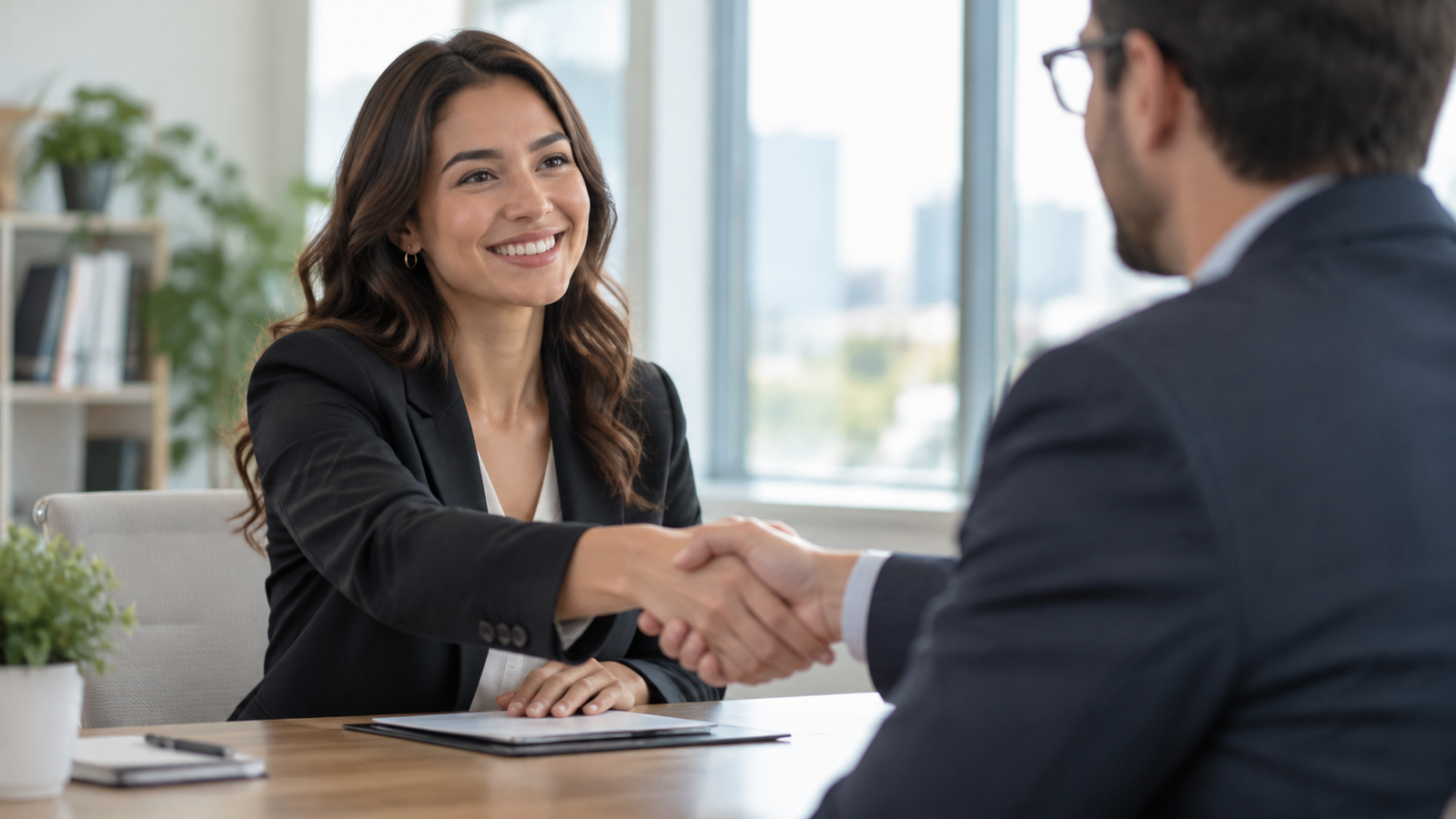 Two professionals shaking hands after a job interview