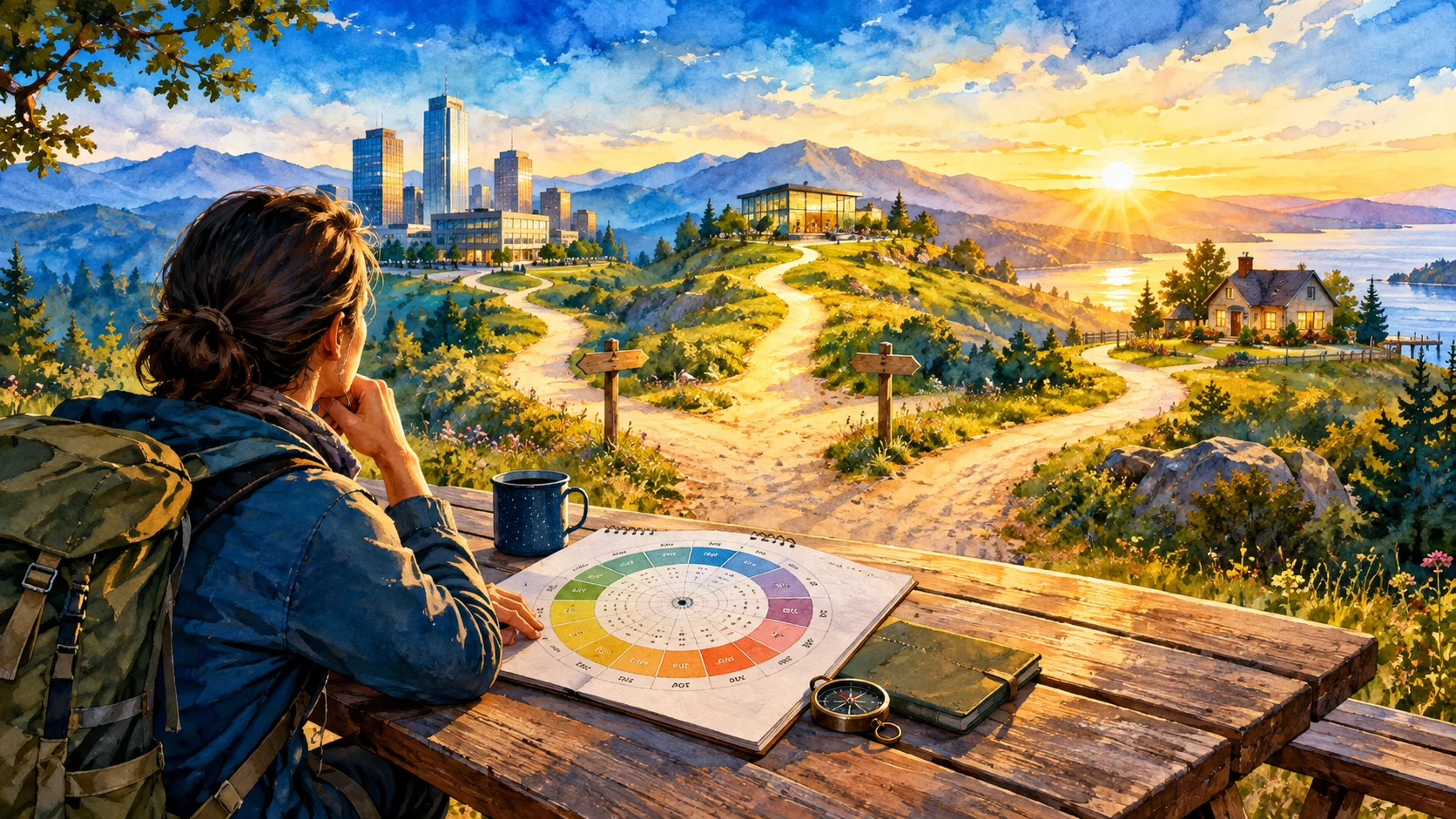 Professional reviewing three career paths beside an annual calendar