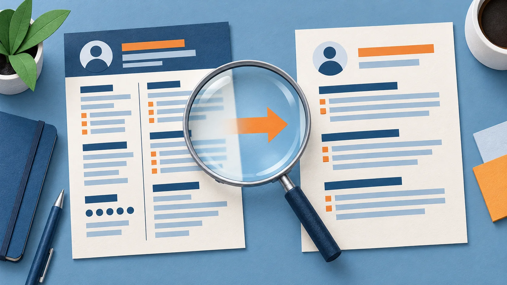 Illustration of a designed CV becoming an orderly plain-text page