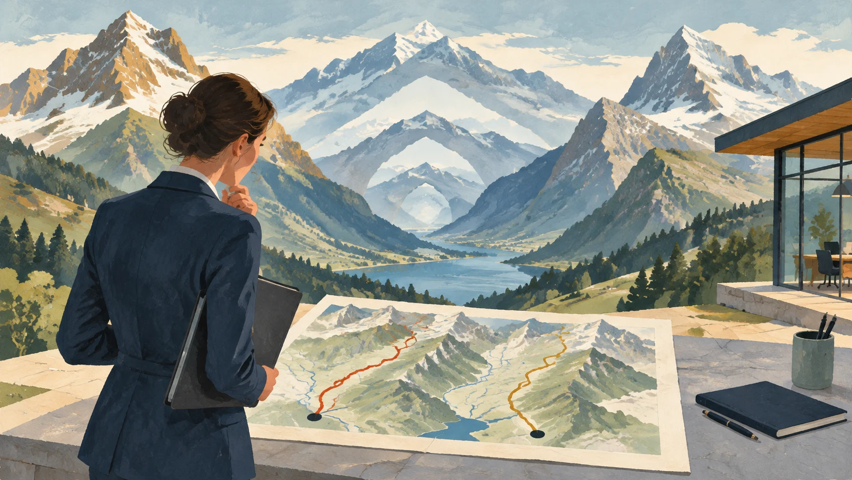 Professional comparing separate routes through mountain-like permit gates