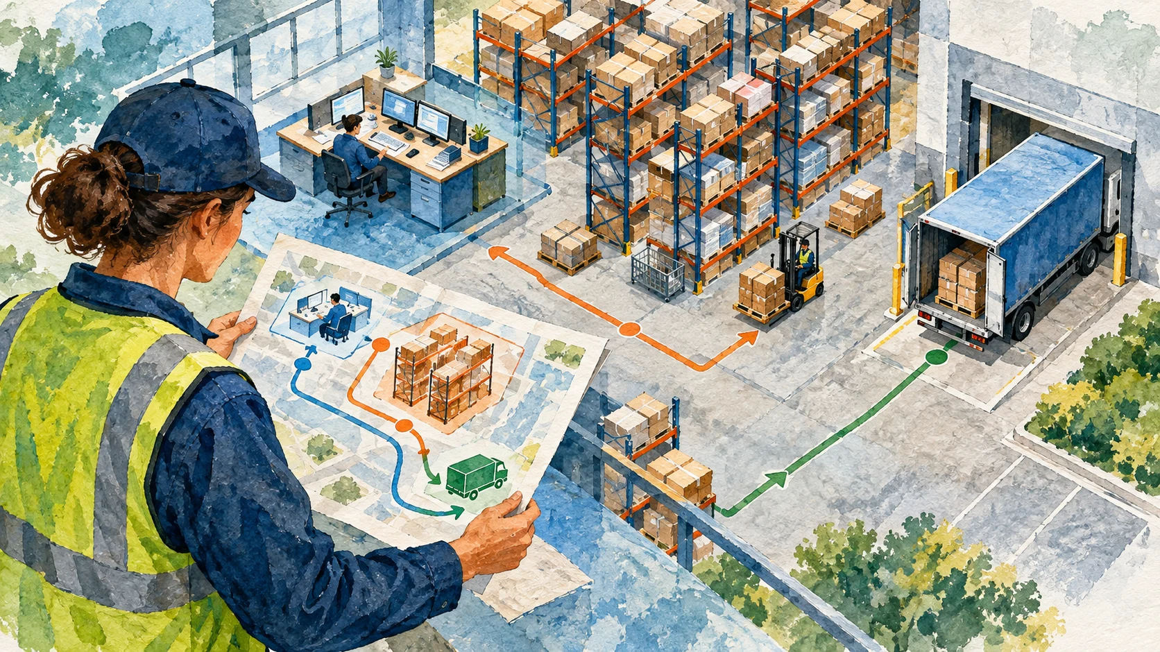 Logistics worker reviewing separate warehouse, dispatch and driving stations
