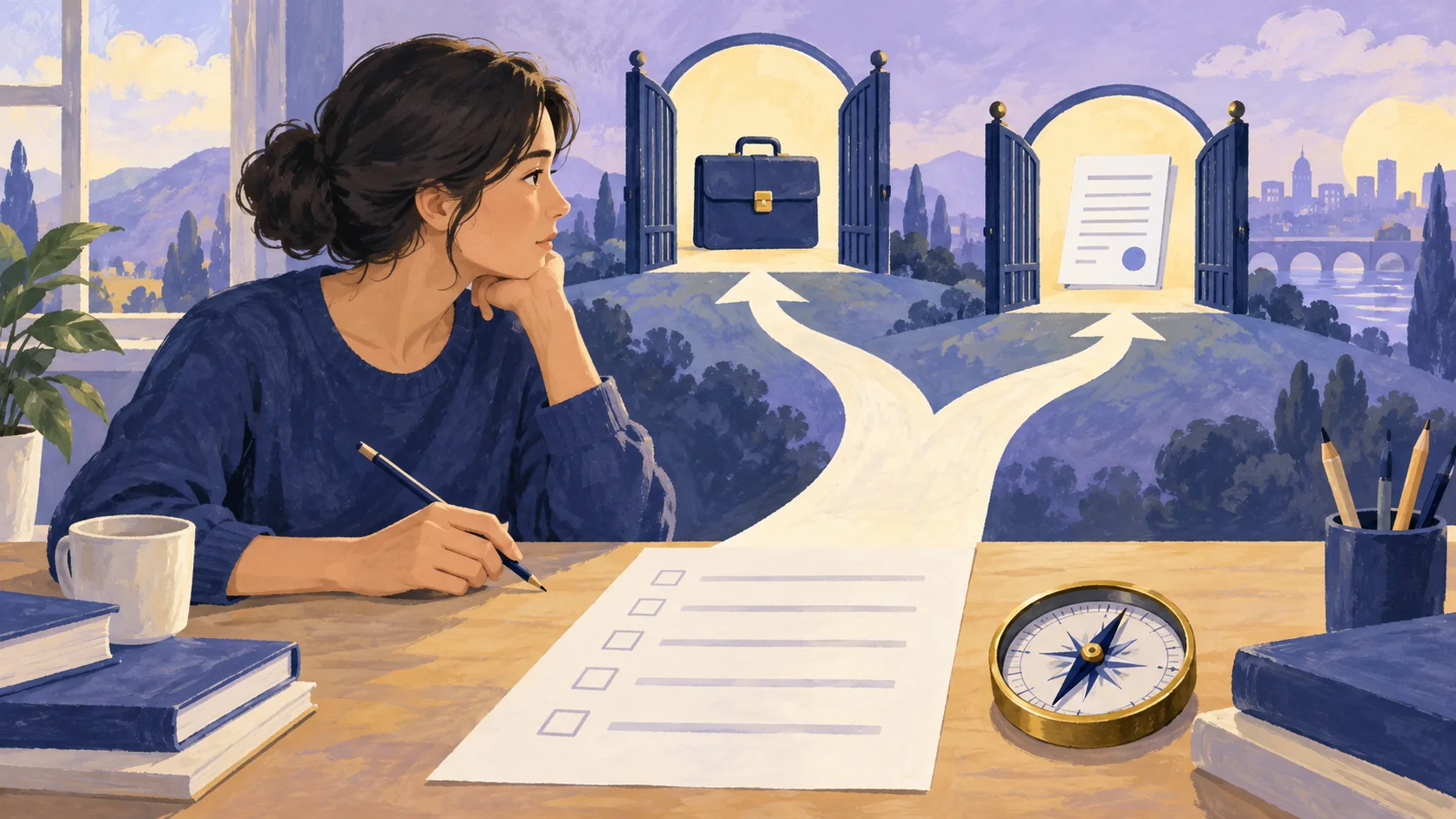 Illustration of an applicant checking a branching work-permission questionnaire