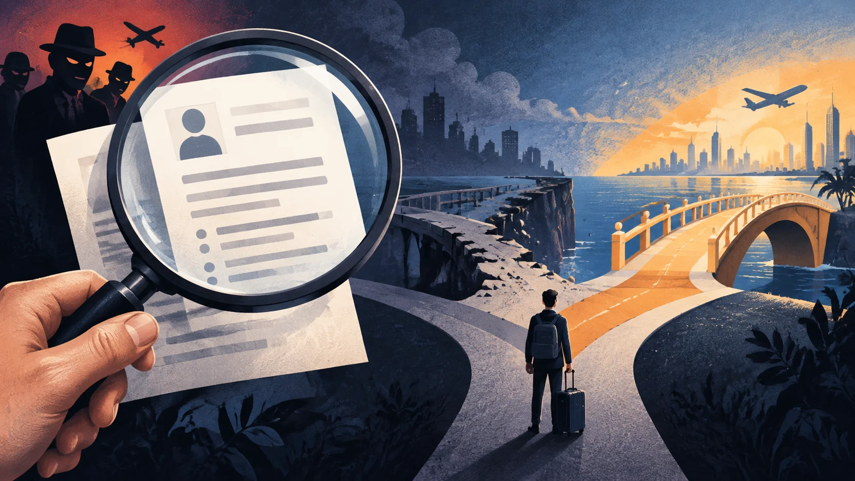 Illustration of a magnifying glass inspecting an offer beside safe and broken paths