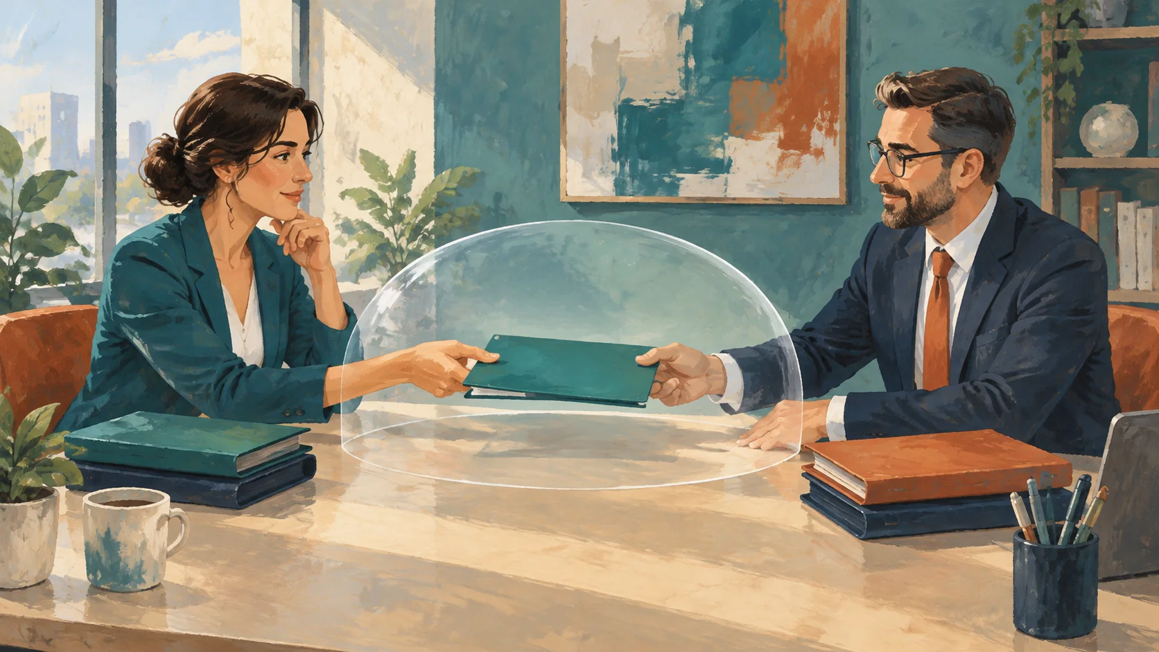 Illustration of two professionals sharing one bounded folder