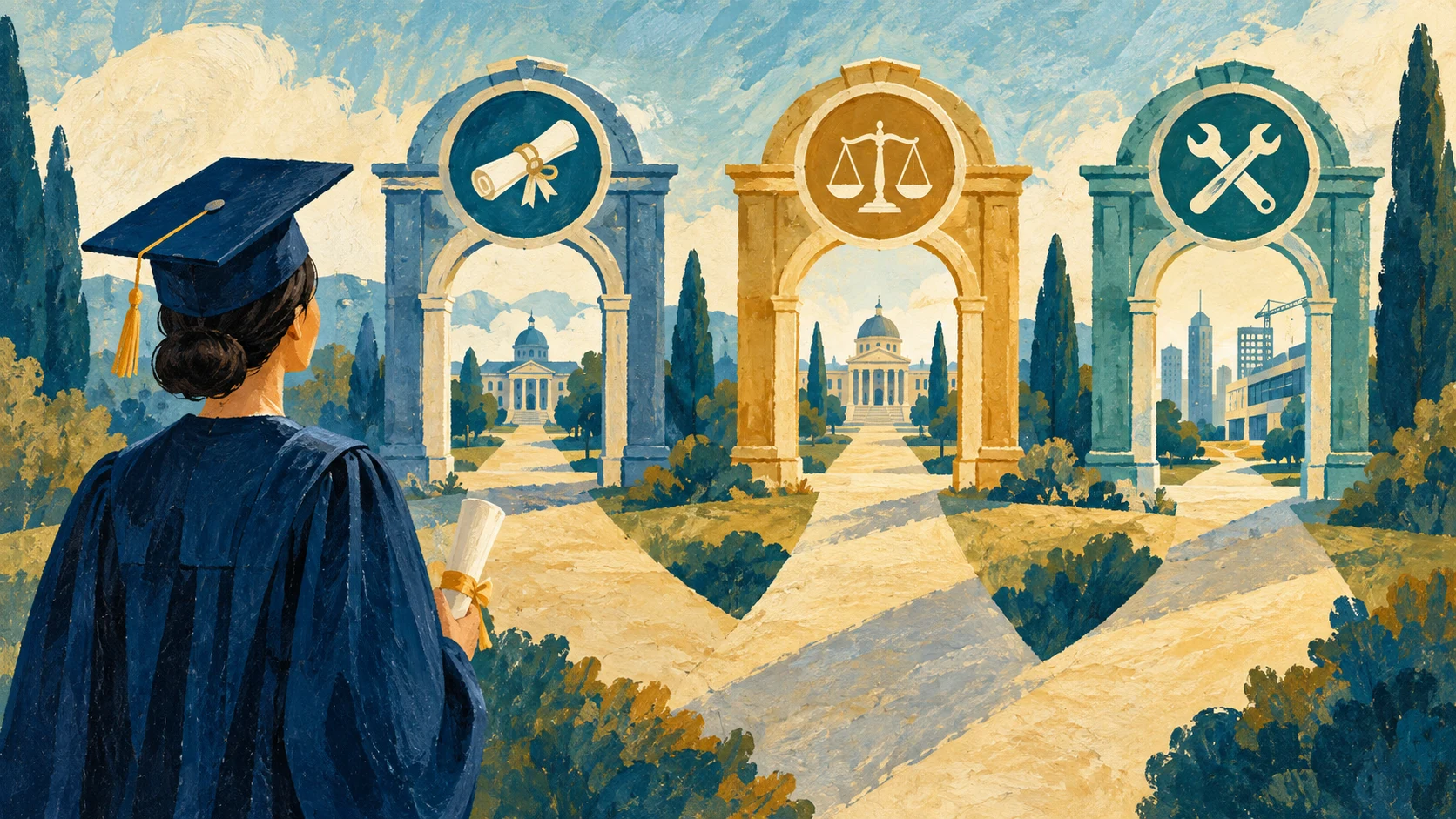 Graduate facing separate gates for academic recognition and professional practice