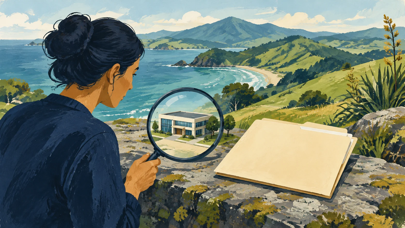 Applicant comparing an employer building and work folder through a lens