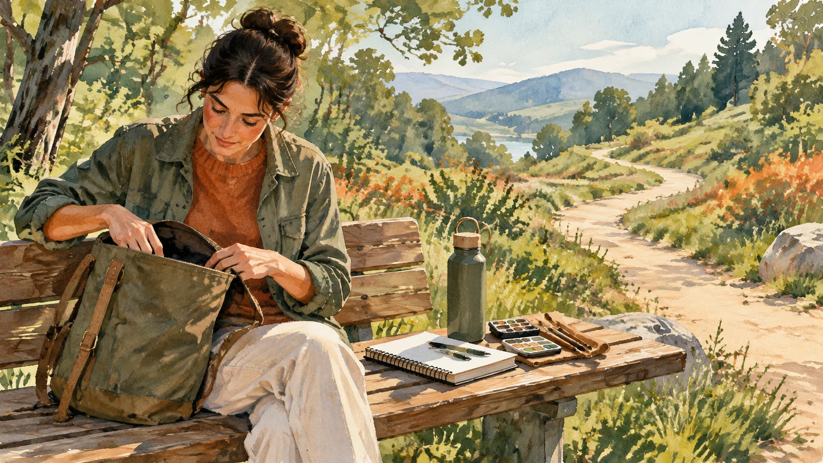 Adult reopening a work bag beside a fresh winding path
