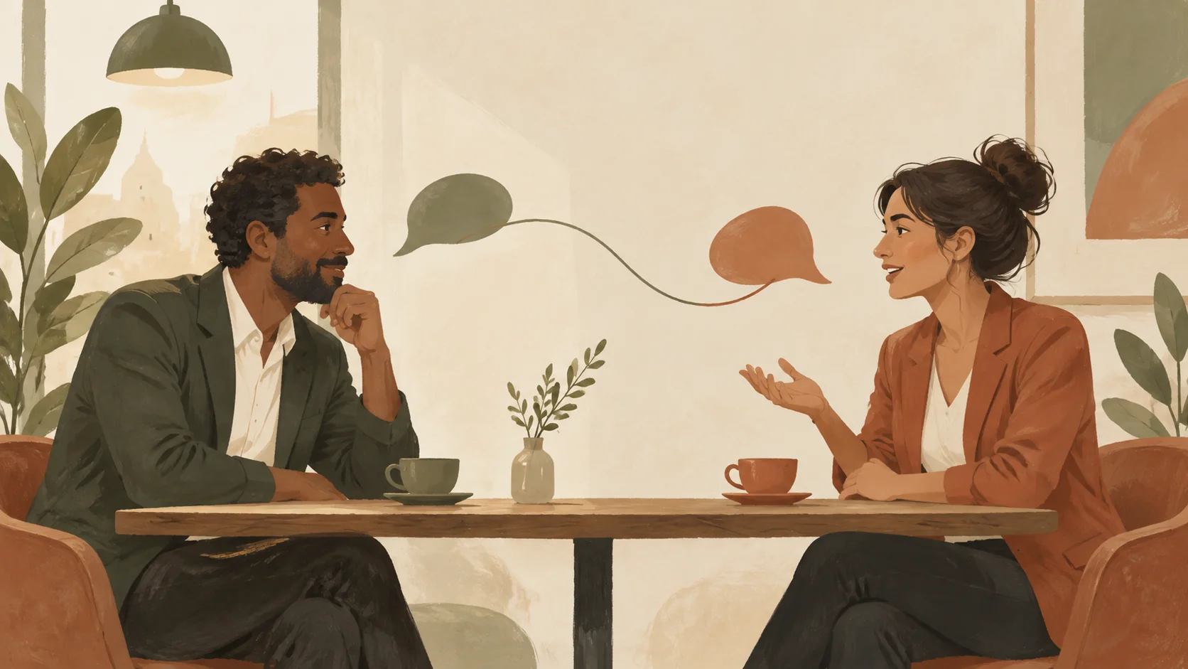 Illustration of two cups connected by a line during a calm professional conversation