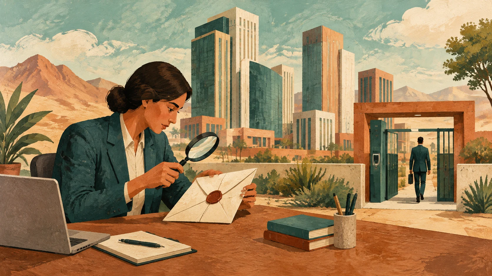 Professional verifying an offer beside desert-toned office towers