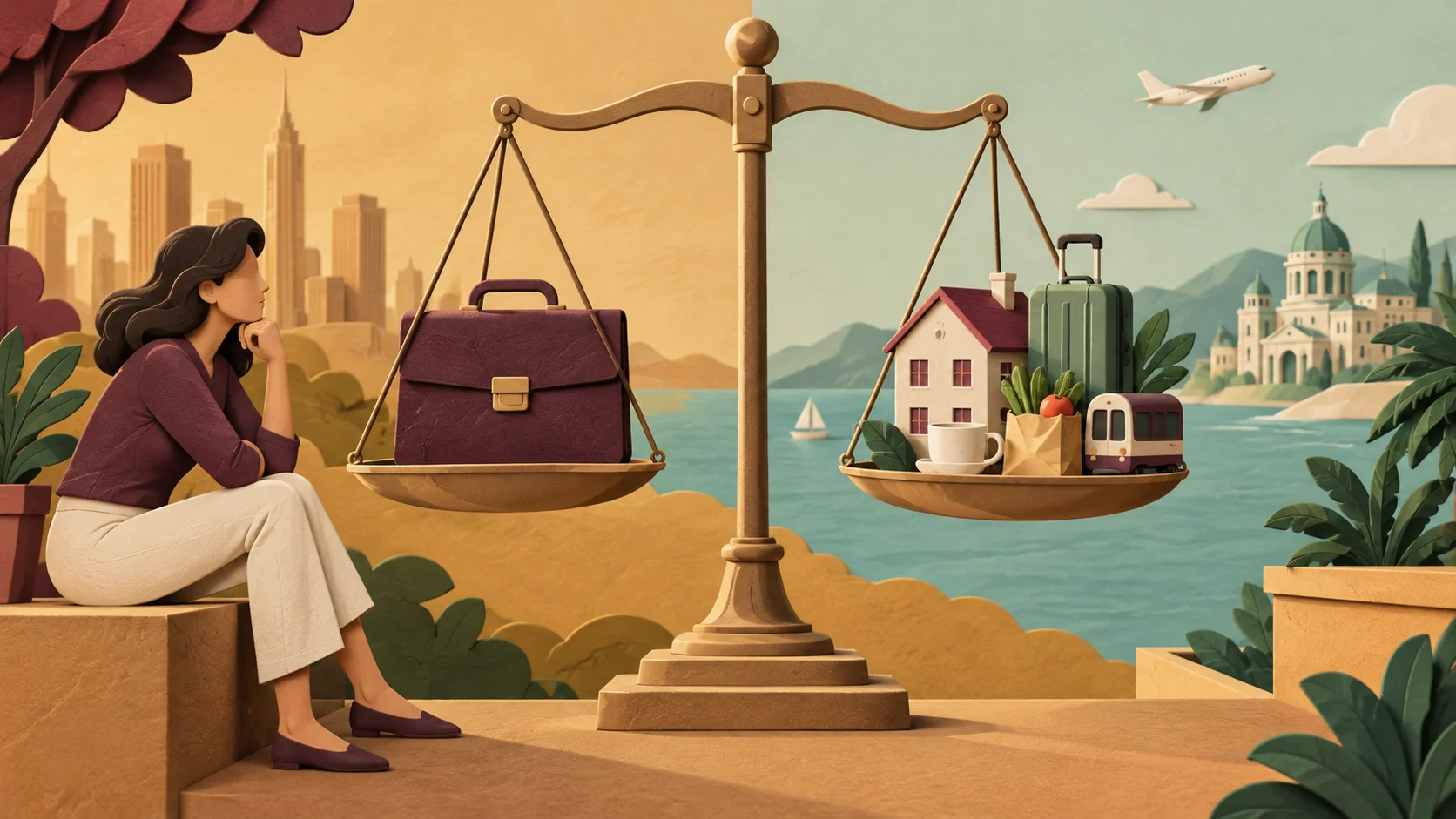 Illustration of a scale balancing a briefcase against housing and moving costs