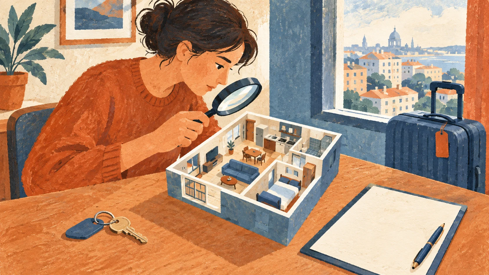 Apartment model, key and lease being checked through a magnifying glass