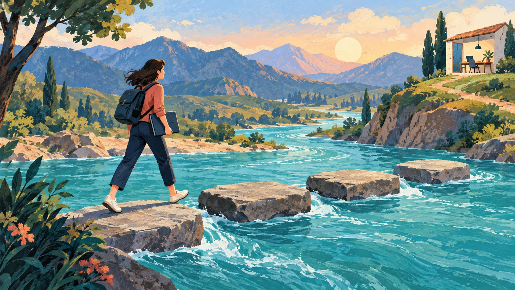 Illustration of a traveller crossing stepping stones toward a distant workspace