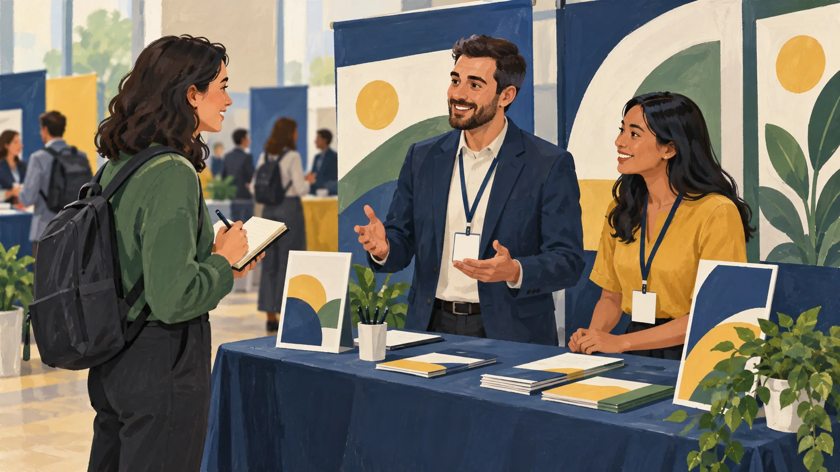 Illustration of a prepared visitor speaking to recruiters at a career-fair booth