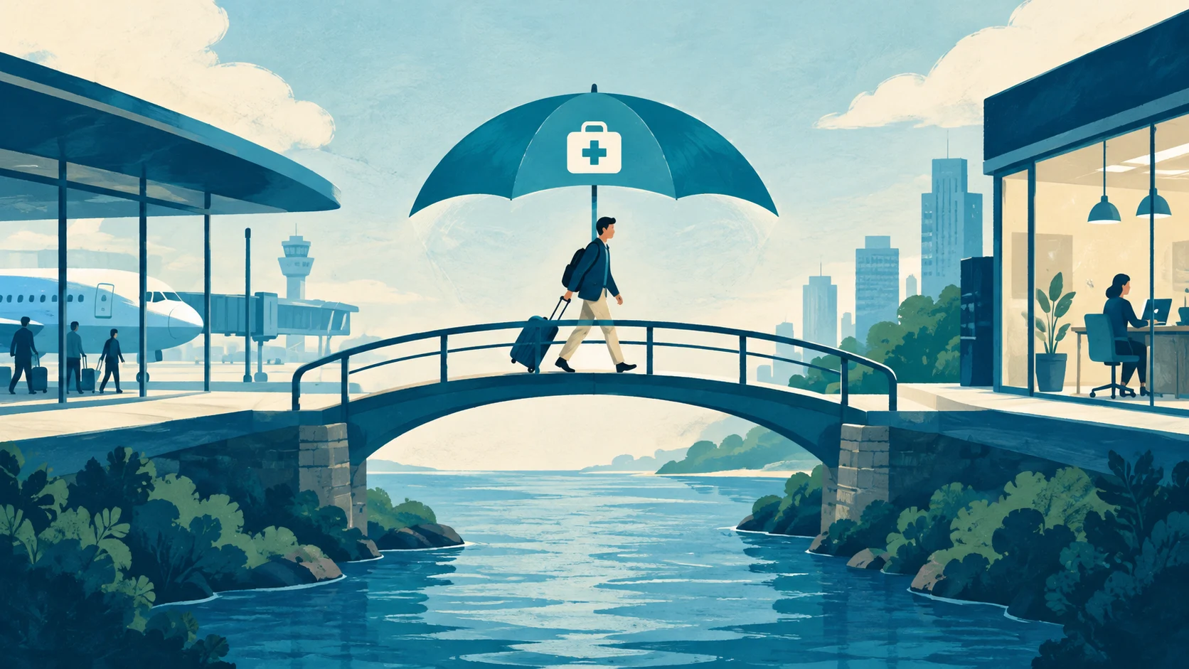 Traveller crossing a protected bridge between arrival and a new office