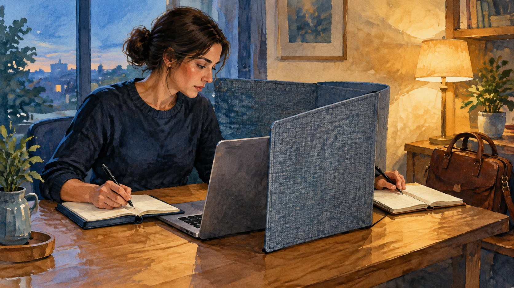 Professional keeping separate job-search notebooks behind a privacy screen