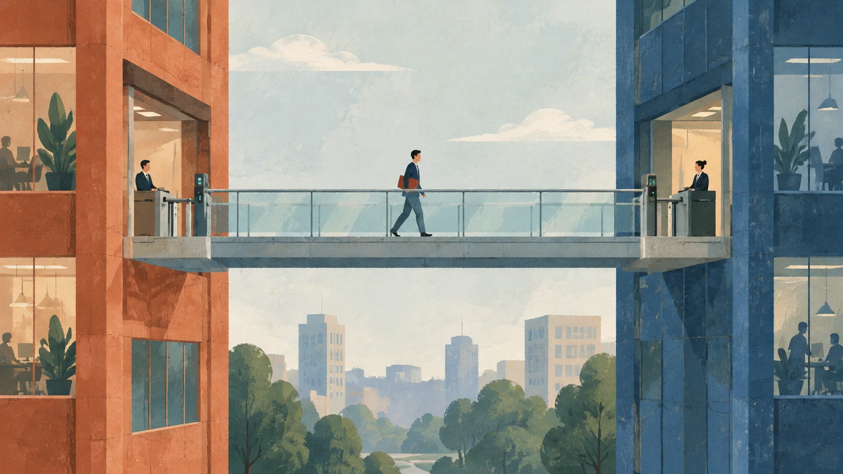 Illustration of office towers connected by a walkway with separate gates
