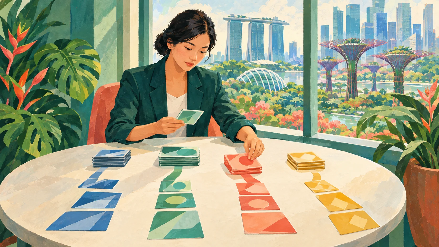 Professional sorting different work-pass research cards at a tropical city desk