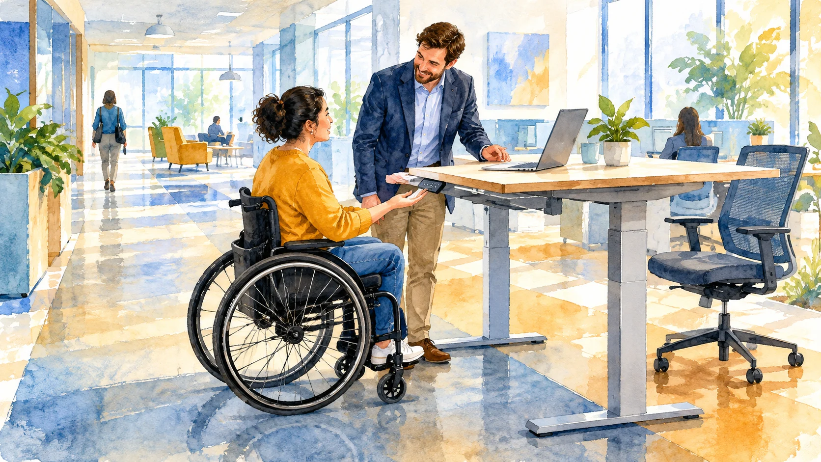 Applicant using a wheelchair reviewing an adjustable workstation