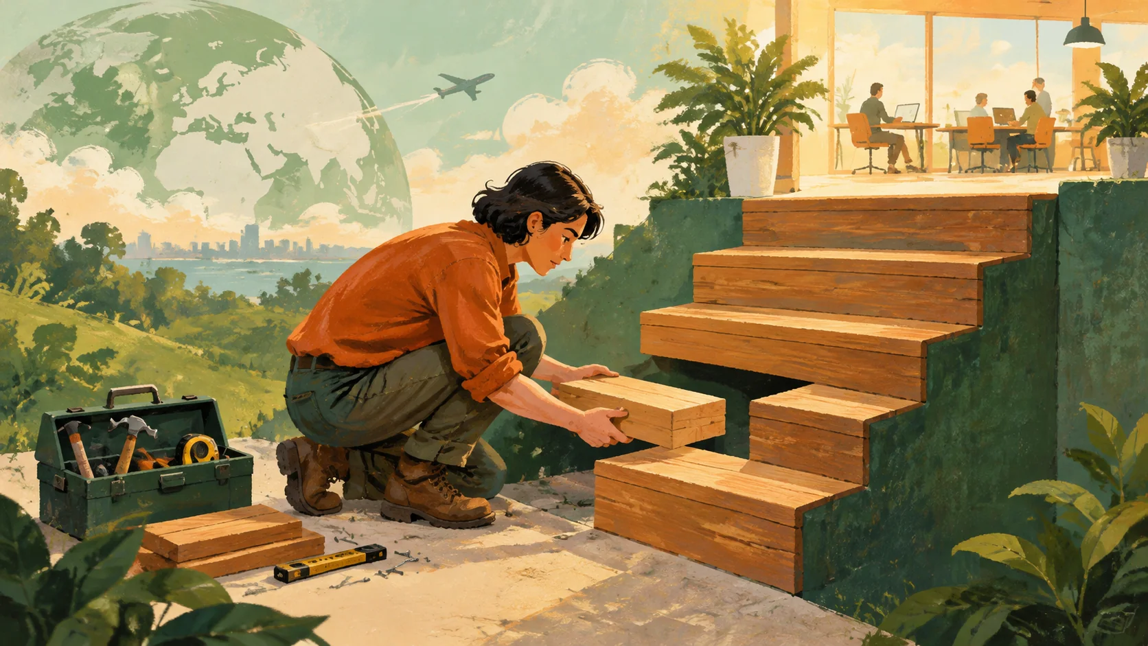 Illustration of a person repairing a missing step toward a workplace