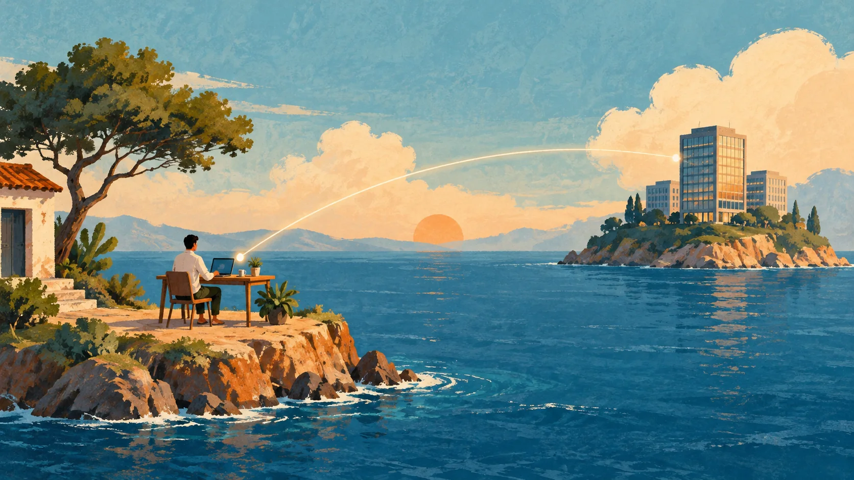 Illustration of a home desk and a foreign office on separate islands